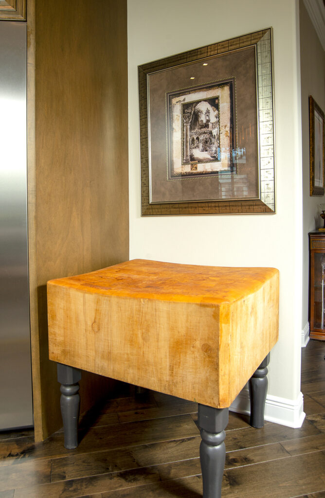 A vintage butcher block takes pride of place in the Muller kitchen.
