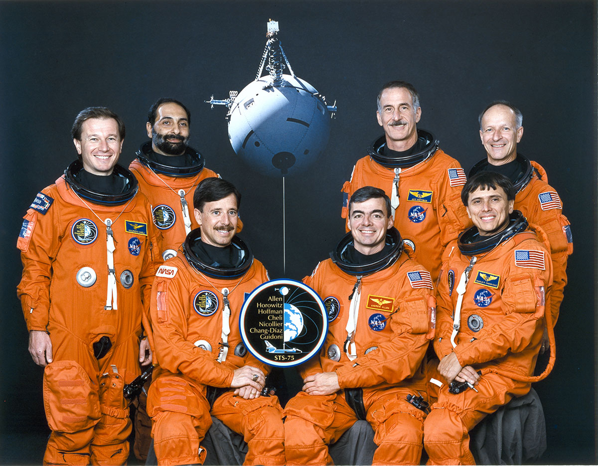 The crew of STS-75 included Commander Andrew “Andy” Allen, pilot Scott Horowitz, mission specialists Jeffrey Hoffman, Maurizio Cheli, Claude Nicollier and Franklin Chang-Diaz and payload specialist Umberto Guidoni. 
