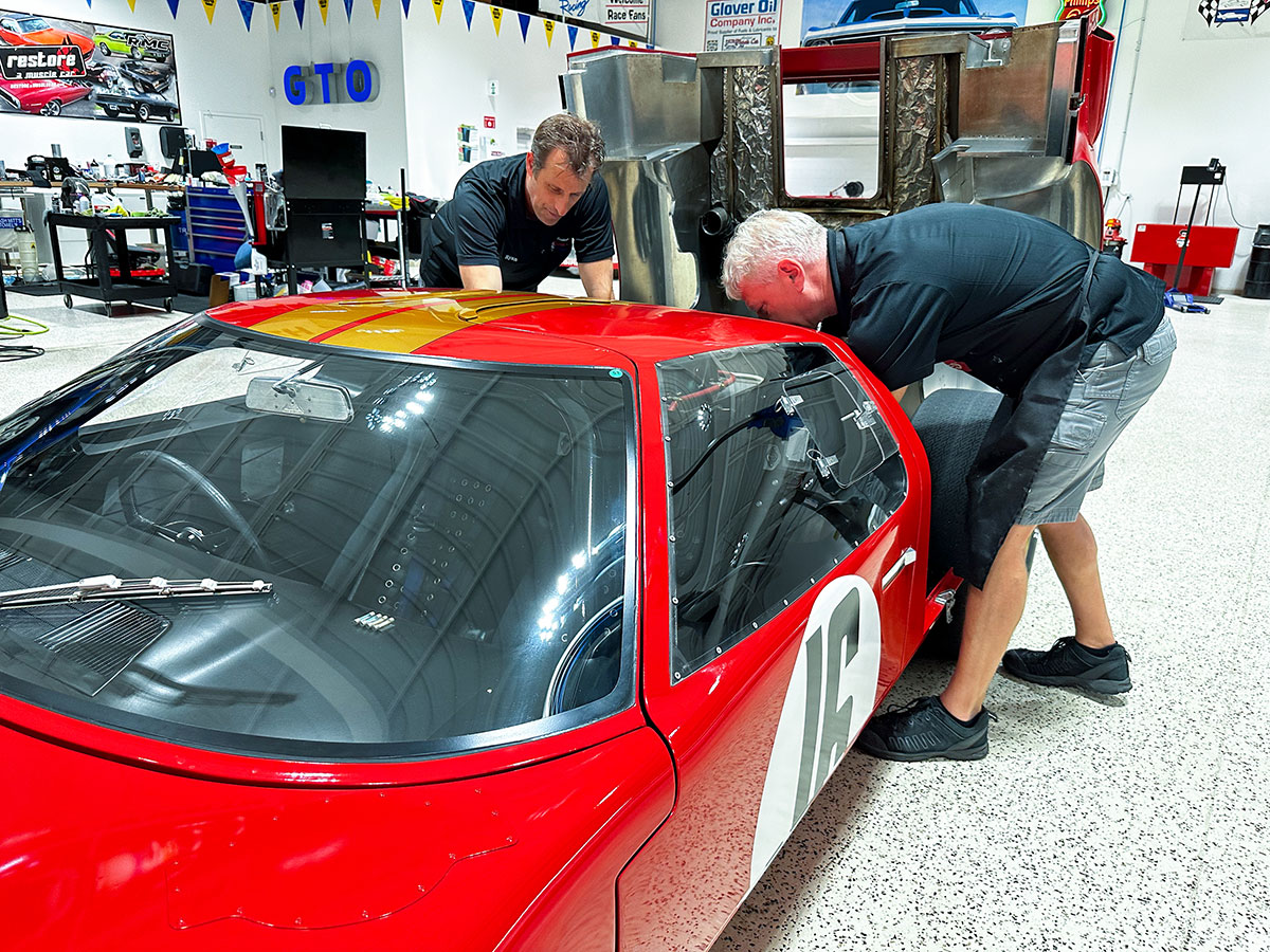 Ed Dedick, right, operations/restoration manager at the American Muscle Car Museum, and restoration technician Ryan Colin