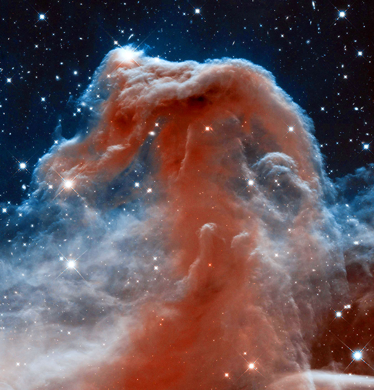 Backlit wisps along the Horsehead Nebula upper ridge are illuminated by Sigma Orionis