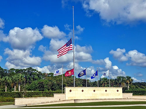 All branches of the military are represented and honored at Cape Canaveral National Cemetery. Here, the American flag flies at half-staff on Sept.11, a sober reminder of the nation’s many lives lost.