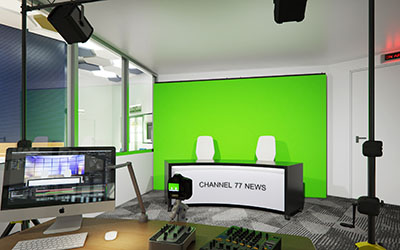 The new broadcast studio, complete with green screen